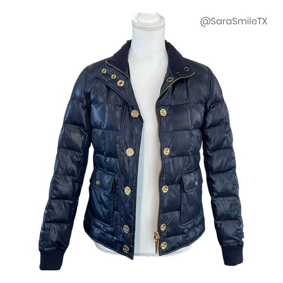 TORY BURCH Authentic Navy Blue Goose Down Puffer Gold Button Winter Coat - Picture 3 of 14
